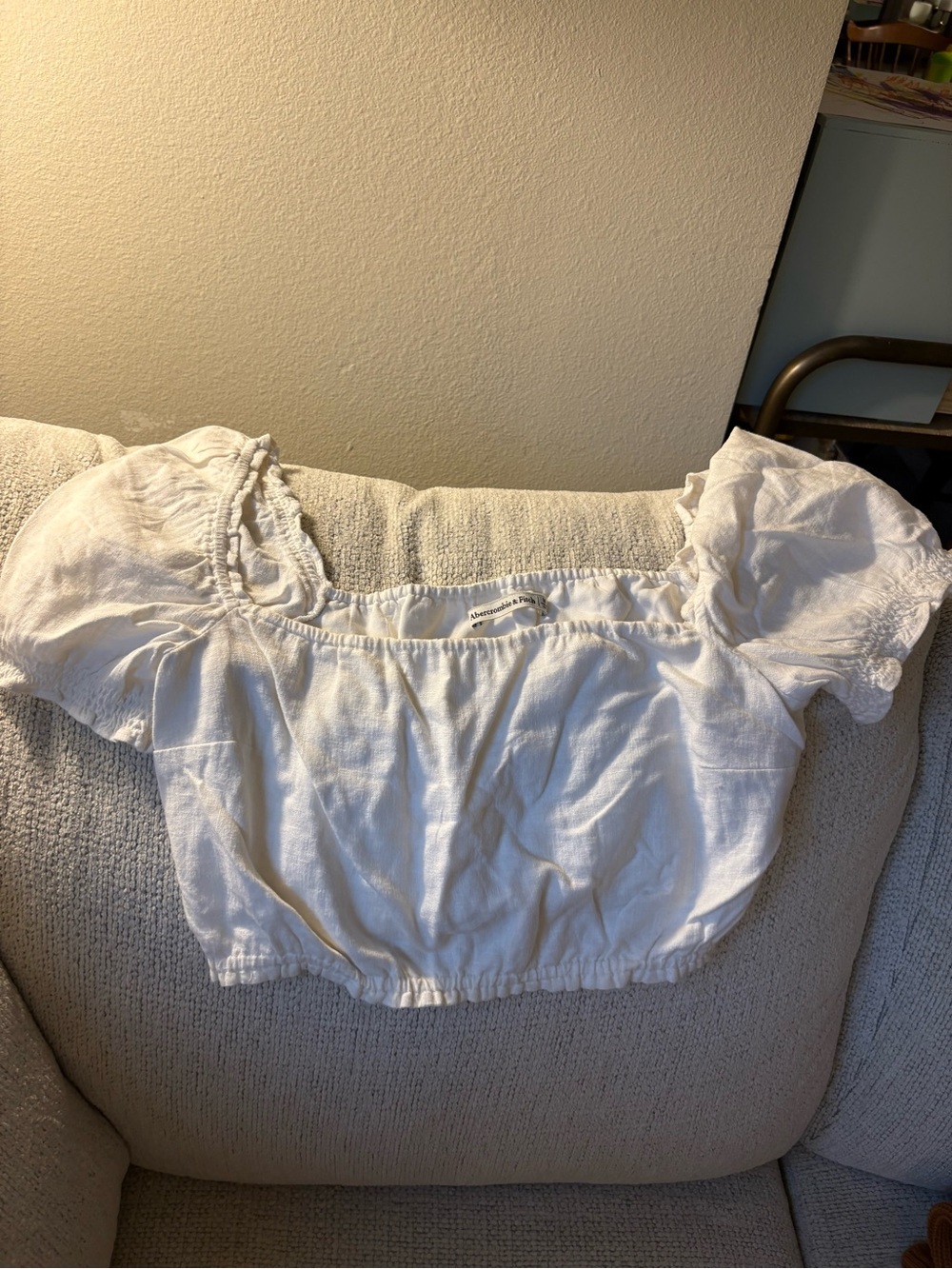 Abercrombie & Fitch White Elastic Waist Crop Top - Simple Linen Look